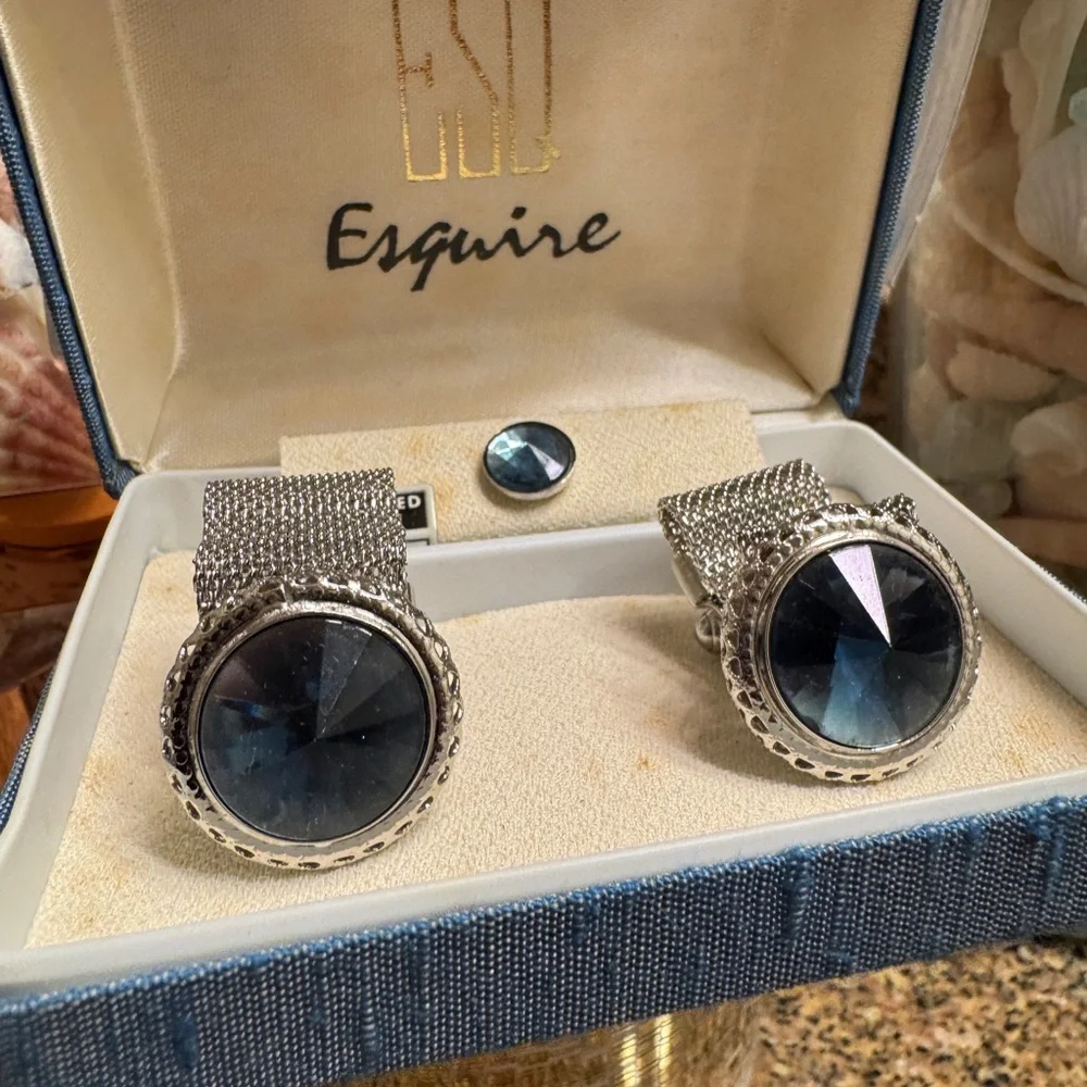 Vintage ESQ Esquire Silver and Blue Cufflinks tie‎ tac set